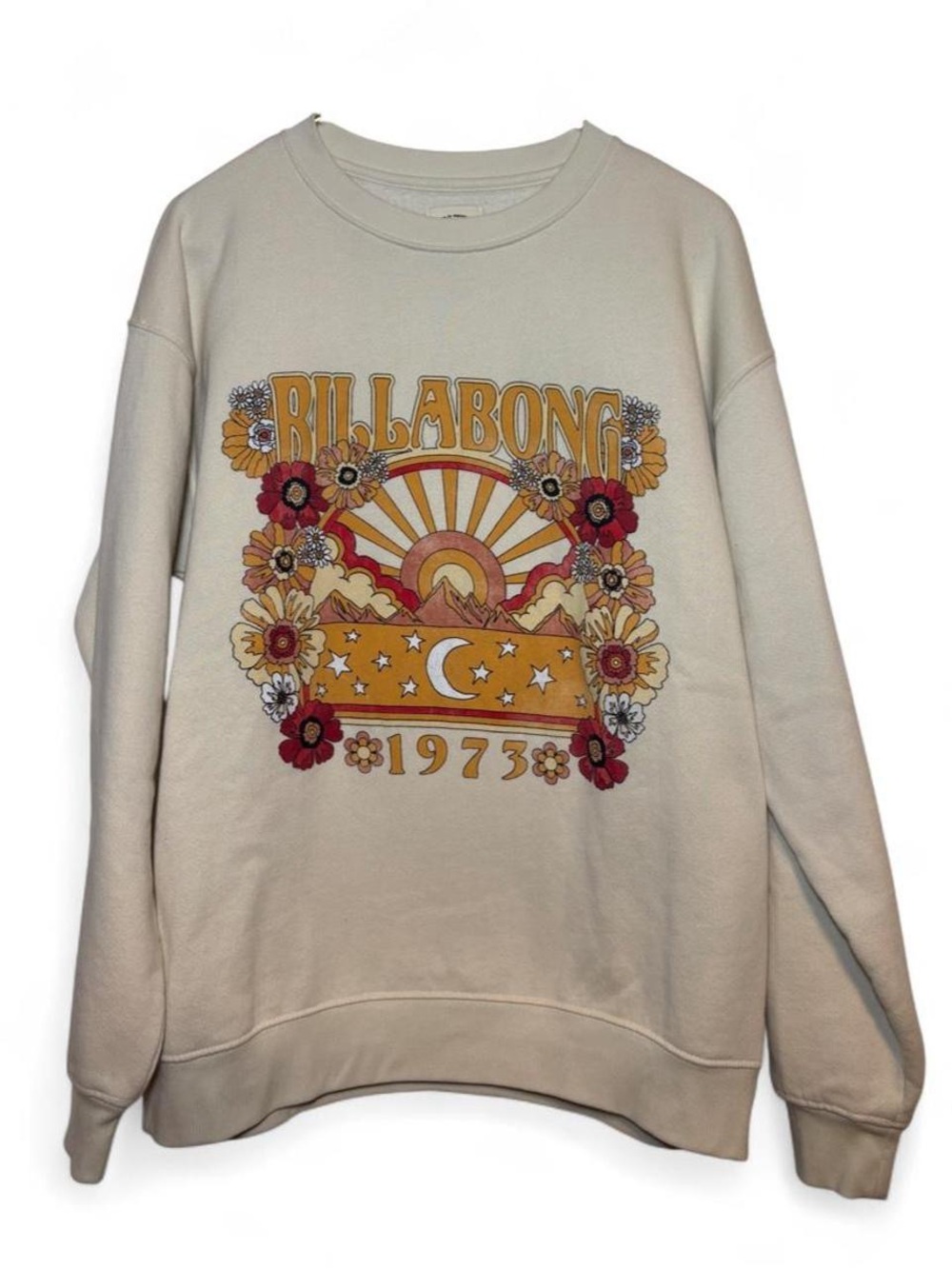 Billabong Cream Graphic Crewneck with Retro Sun & Floral Print